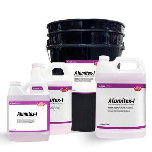 Alumitex-1 suite of products, including a quart bottle, half gallon, gallon and 5 gallon bucket.