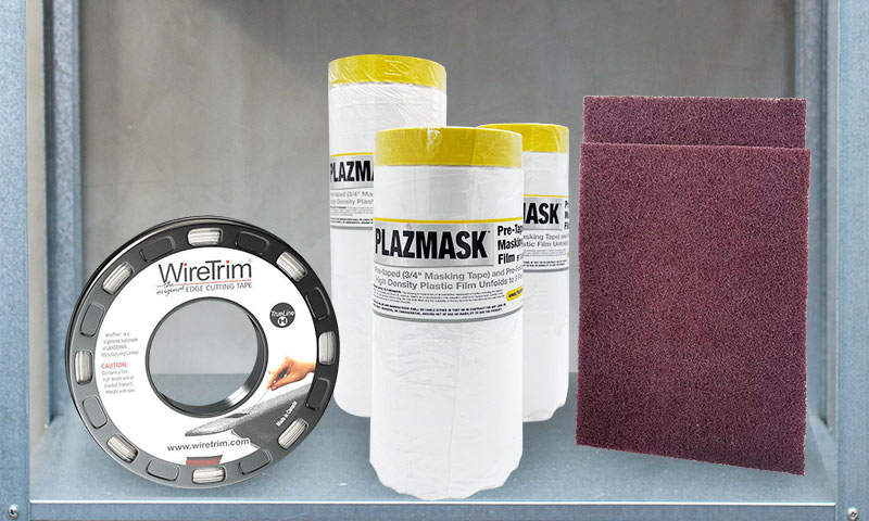 Metal shelf with wiretape, quick mask and a box of gloves