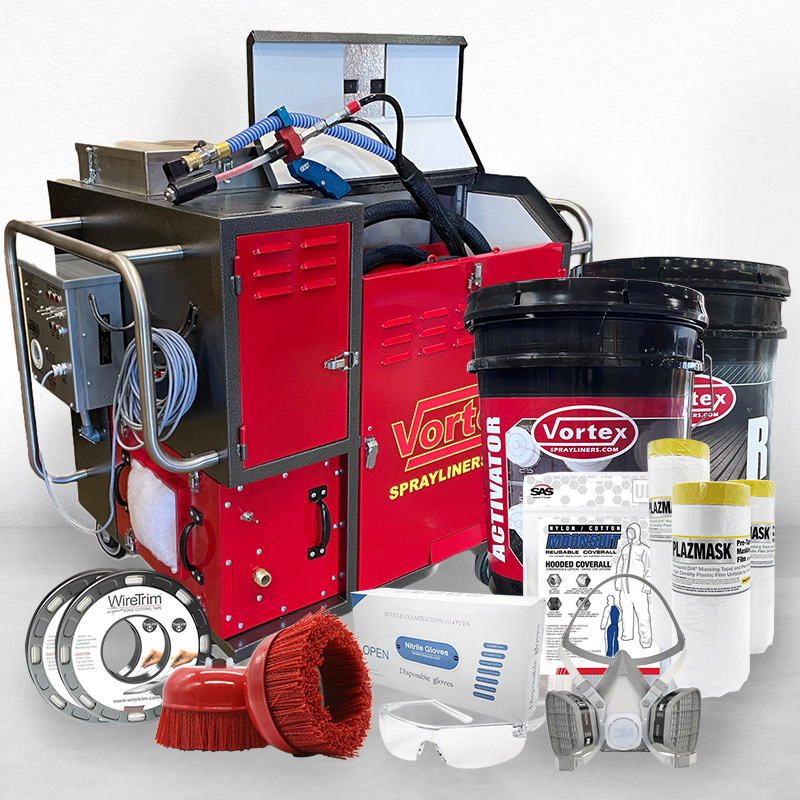 Collage image showing various products from the Let's Go Spraylining set - including a KV-5006 machine, polyurea material and sundries supplies.