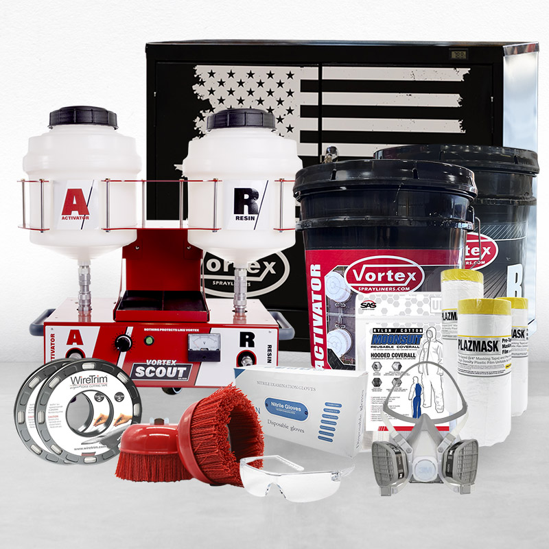 Collage of items in the Let's Grow spraylining kit, including the Vortex Scout, a heat box, polyurea material and sundry supplies.