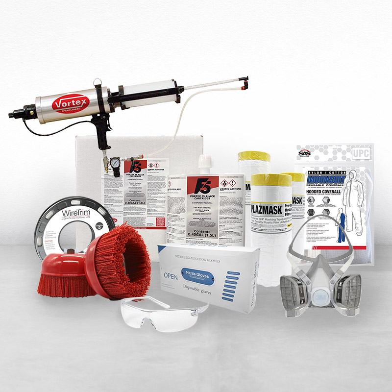 Collage of items in the Let's Get Started spraylining package, including F5 Cartridge Gun, Box of Cartridges, and supply sundries.